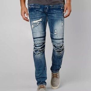 DOPE 34x32 Weir Moto Stretch Jeans Mens Distressed Patched Button Fly D2018P201